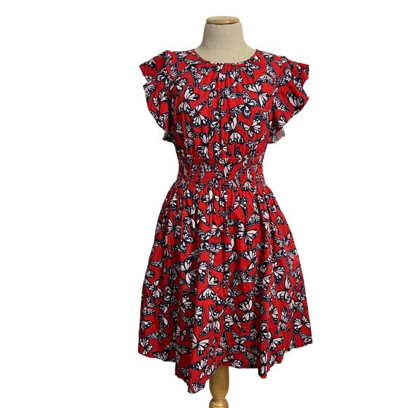 Kate Spade Women's Medium Red Butterfly Print Smocked Waist Flutter Sleeve Dress - Picture 2 of 12